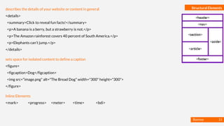 Basmaa
Mostafa
Structural Elementsdescribes the details of your website or content in general
<details>
<summary>Click to reveal fun facts!</summary>
<p>A banana is a berry, but a strawberry is not.</p>
<p>The Amazon rainforest covers 40 percent of South America.</p>
<p>Elephants can’t jump.</p>
</details>
sets space for isolated content to define a caption
<figure>
<figcaption>Dog</figcaption>
<img src="image.png" alt="The Bread Dog" width="300" height="300">
</figure>
Inline Elements
<mark> <progress> <meter> <time> <bdi>
11
 