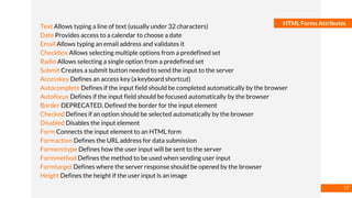 Basmaa
Mostafa
HTML Forms Attributes
Text Allows typing a line of text (usually under 32 characters)
Date Provides access to a calendar to choose a date
Email Allows typing an email address and validates it
Checkbox Allows selecting multiple options from a predefined set
Radio Allows selecting a single option from a predefined set
Submit Creates a submit button needed to send the input to the server
Accesskey Defines an access key (a keyboard shortcut)
Autocomplete Defines if the input field should be completed automatically by the browser
Autofocus Defines if the input field should be focused automatically by the browser
Border DEPRECATED. Defined the border for the input element
Checked Defines if an option should be selected automatically by the browser
Disabled Disables the input element
Form Connects the input element to an HTML form
Formaction Defines the URL address for data submission
Formenctype Defines how the user input will be sent to the server
Formmethod Defines the method to be used when sending user input
Formtarget Defines where the server response should be opened by the browser
Height Defines the height if the user input is an image
17
 