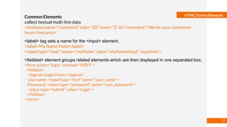 Basmaa
Mostafa
HTML Forms ElementsCommon Elements
collect textual multi-line data
<textarea name="comment" cols="30" rows="3" id="comment">Write your comments
here</textarea>
<label> tag sets a name for the <input> element.
<label>My Name Field</label>
<input type="text" name="myName" class="myNameInput" required/>
<fieldset> element groups related elements which are then displayed in one separated box.
<form action="login" method="POST">
<fieldset>
<legend>Login Form:</legend>
Username: <input type="text" name="user_name">
Password: <input type="password" name="user_password">
<input type="submit" value="Login">
</fieldset>
</form>
19
 