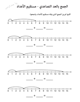 ‫م‬ ‫يا‬
‫س‬‫دار‬         ‫الجمع بالعد التصاعدي - مستقيم األعداد‬
 ‫‪Name‬‬                                     ‫‪Date‬‬
                          ‫اكتبوا مترين الجمع الذي ميثله مستقيم األعداد، واجمعوا:‬


 ‫0‬   ‫1‬   ‫2‬    ‫3‬   ‫4‬   ‫5‬    ‫6‬     ‫7‬    ‫8‬    ‫9‬    ‫51 41 31 21 11 01‬

                               ‫+‬            ‫=‬



 ‫0‬   ‫1‬   ‫2‬    ‫3‬   ‫4‬   ‫5‬    ‫6‬     ‫7‬    ‫8‬    ‫9‬    ‫51 41 31 21 11 01‬

                               ‫+‬            ‫=‬



 ‫0‬   ‫1‬   ‫2‬    ‫3‬   ‫4‬   ‫5‬    ‫6‬     ‫7‬    ‫8‬    ‫9‬    ‫51 41 31 21 11 01‬

                               ‫+‬            ‫=‬



 ‫0‬   ‫1‬   ‫2‬    ‫3‬   ‫4‬   ‫5‬    ‫6‬     ‫7‬    ‫8‬    ‫9‬    ‫51 41 31 21 11 01‬

                               ‫+‬            ‫=‬



 ‫0‬   ‫1‬   ‫2‬    ‫3‬   ‫4‬   ‫5‬    ‫6‬     ‫7‬    ‫8‬    ‫9‬    ‫51 41 31 21 11 01‬

                               ‫+‬            ‫=‬
 