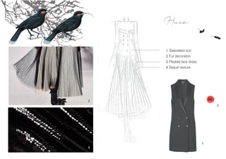 Huia
1. Sleeveless suit
2. Fur decoration
3. Pleated lace dress
4. Sequin texture
2
1
3
4
 