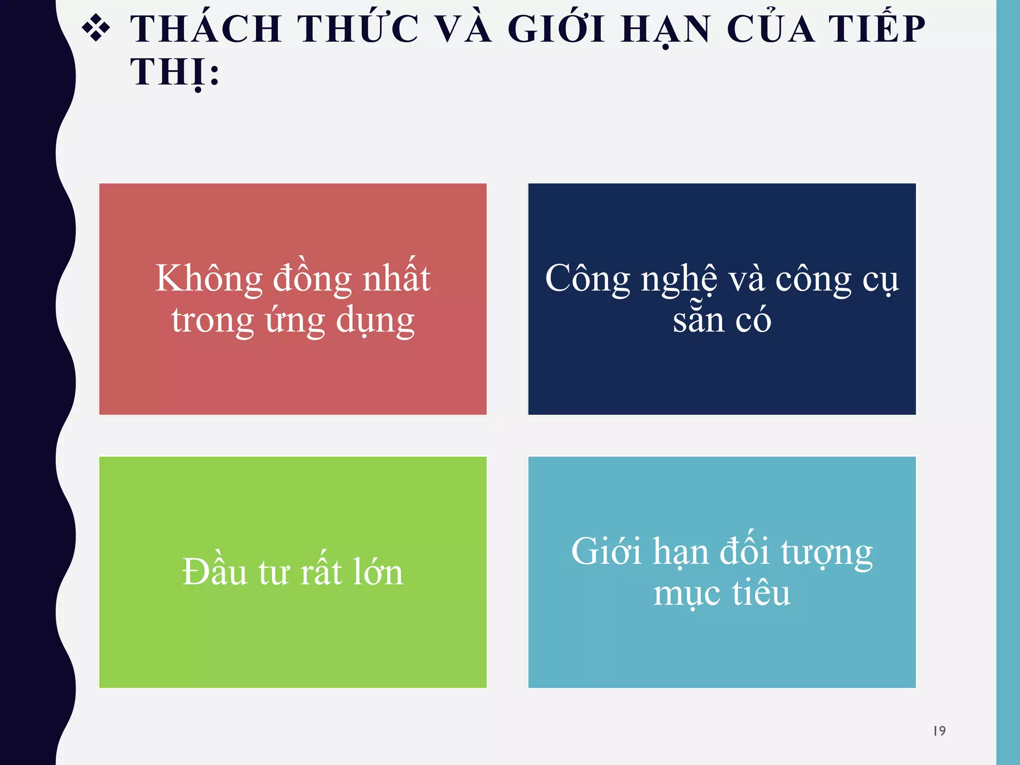  THÁCH THỨC VÀ GIỚI HẠN CỦA TIẾP
THỊ:
Không đồng nhất
trong ứng dụng
Công nghệ và công cụ
sẵn có
Đầu tư rất lớn
Giới hạn đối tượng
mục tiêu
19
 