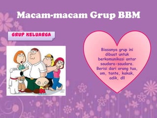 Macam-macam Grup BBM
Grup Keluarga

                   Biasanya grup ini
                     dibuat untuk
                 berkomunikasi antar
                  saudara-saudara.
                Berisi dari orang tua,
                  om, tante, kakak,
                       adik, dll
 