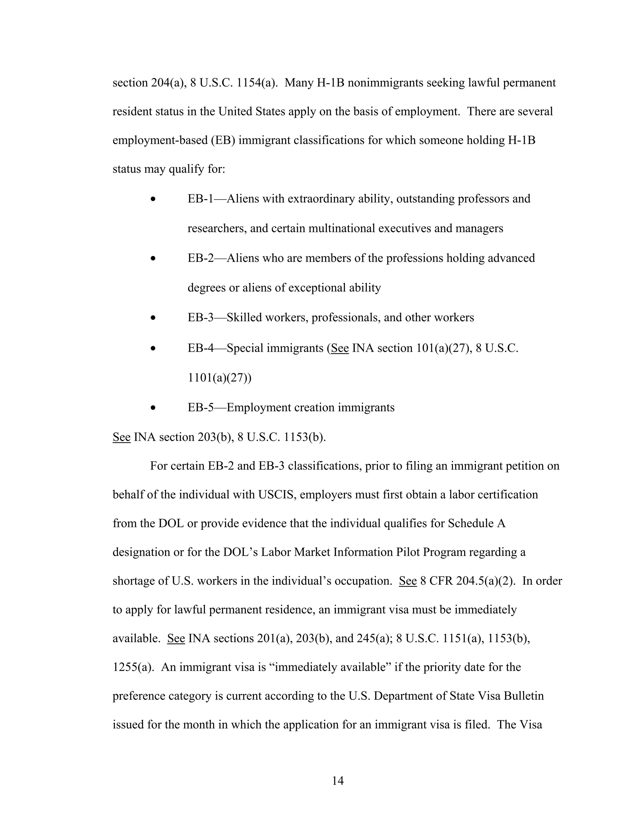 14
section 204(a), 8 U.S.C. 1154(a). Many H-1B nonimmigrants seeking lawful permanent
resident status in the United States apply on the basis of employment. There are several
employment-based (EB) immigrant classifications for which someone holding H-1B
status may qualify for:
• EB-1—Aliens with extraordinary ability, outstanding professors and
researchers, and certain multinational executives and managers
• EB-2—Aliens who are members of the professions holding advanced
degrees or aliens of exceptional ability
• EB-3—Skilled workers, professionals, and other workers
• EB-4—Special immigrants (See INA section 101(a)(27), 8 U.S.C.
1101(a)(27))
• EB-5—Employment creation immigrants
See INA section 203(b), 8 U.S.C. 1153(b).
For certain EB-2 and EB-3 classifications, prior to filing an immigrant petition on
behalf of the individual with USCIS, employers must first obtain a labor certification
from the DOL or provide evidence that the individual qualifies for Schedule A
designation or for the DOL’s Labor Market Information Pilot Program regarding a
shortage of U.S. workers in the individual’s occupation. See 8 CFR 204.5(a)(2). In order
to apply for lawful permanent residence, an immigrant visa must be immediately
available. See INA sections 201(a), 203(b), and 245(a); 8 U.S.C. 1151(a), 1153(b),
1255(a). An immigrant visa is “immediately available” if the priority date for the
preference category is current according to the U.S. Department of State Visa Bulletin
issued for the month in which the application for an immigrant visa is filed. The Visa
 