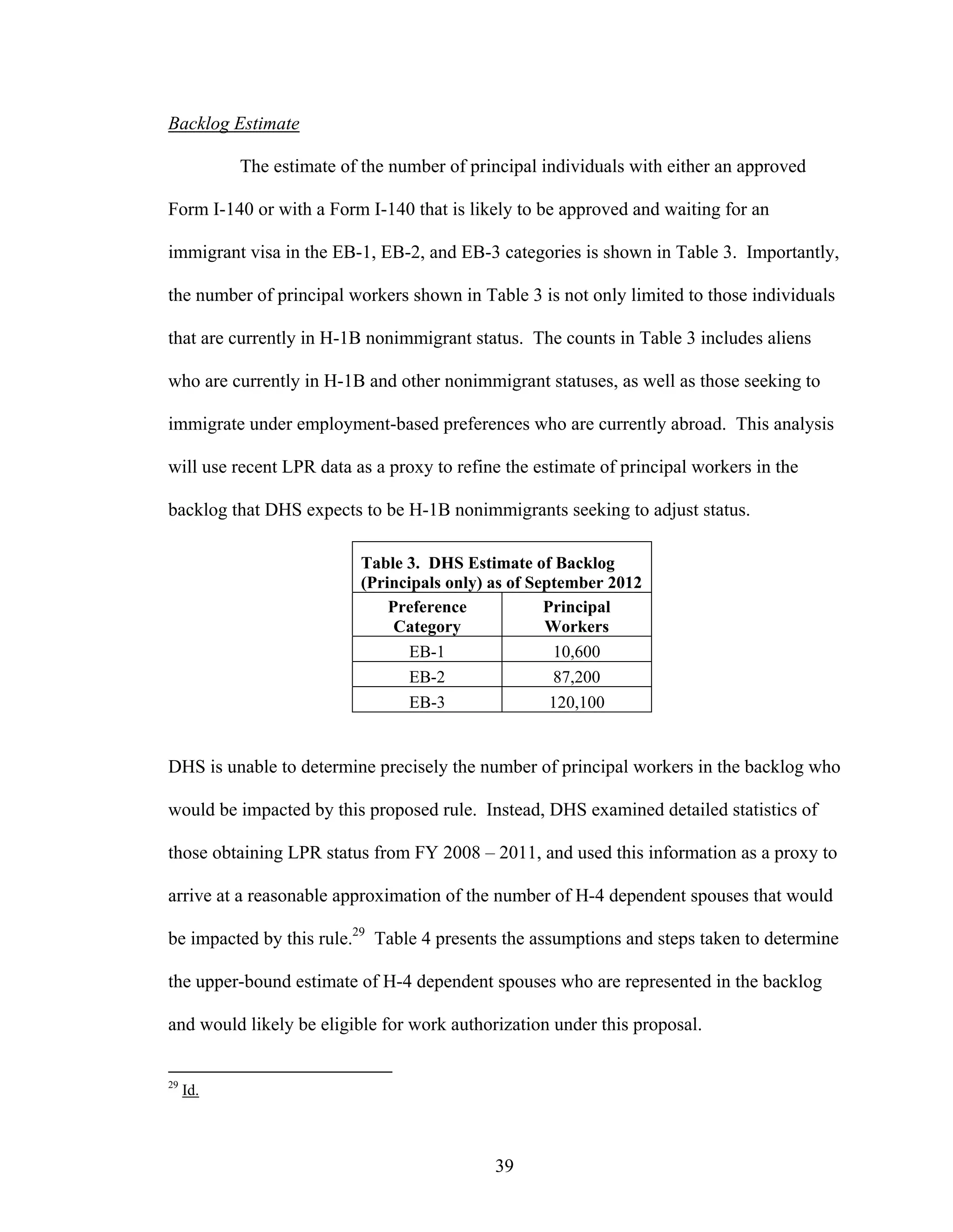 39
Backlog Estimate
The estimate of the number of principal individuals with either an approved
Form I-140 or with a Form I-140 that is likely to be approved and waiting for an
immigrant visa in the EB-1, EB-2, and EB-3 categories is shown in Table 3. Importantly,
the number of principal workers shown in Table 3 is not only limited to those individuals
that are currently in H-1B nonimmigrant status. The counts in Table 3 includes aliens
who are currently in H-1B and other nonimmigrant statuses, as well as those seeking to
immigrate under employment-based preferences who are currently abroad. This analysis
will use recent LPR data as a proxy to refine the estimate of principal workers in the
backlog that DHS expects to be H-1B nonimmigrants seeking to adjust status.
Table 3. DHS Estimate of Backlog
(Principals only) as of September 2012
Preference
Category
Principal
Workers
EB-1 10,600
EB-2 87,200
EB-3 120,100
DHS is unable to determine precisely the number of principal workers in the backlog who
would be impacted by this proposed rule. Instead, DHS examined detailed statistics of
those obtaining LPR status from FY 2008 – 2011, and used this information as a proxy to
arrive at a reasonable approximation of the number of H-4 dependent spouses that would
be impacted by this rule.29
Table 4 presents the assumptions and steps taken to determine
the upper-bound estimate of H-4 dependent spouses who are represented in the backlog
and would likely be eligible for work authorization under this proposal.
29
Id.
 