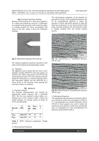 Manuel Beltrán Z et al Int. Journal of Engineering Research and Applications www.ijera.com 
ISSN : 2248-9622, Vol. 4, Issue 11( Version 2), November 2014, pp.60-66 
www.ijera.com 62 | P a g e 
Fig. 3. Compact specimen meshing. 
Because of the presence of a wide stress gradient’s in a small zone around the crack tip. A refinement was realized in the proximity of the crack tip's edges to evaluate properly the stress concentration and strain in this zone. Figure 4 shows the refinement meshing. 
Fig. 4. Refinement meshing at the Crack tip. The material properties would be assumed as the same as the mechanical characterization results. 
2.6 Apparatus 
The apparatus used to realize this test were a servo hydraulic machine MTS-810 with load capacity of 100 KN and a MTS extensometer 632.O3F-40 with initial opening of 6mm. The crack opening extension should be monitoring by a traveler telescope and a dial micrometer aligned with the MTS-810 by a worm device at the specimen front pointing the crack tip to follow its extension. 
III. RESULTS 
3.1 Chemical Analysis The chemical characterization was realized by spectroscopy atomic emission with a spectrolab 2007. The test was realized by three shoots in a polished area of the material. Table I shows the results obtained. An average content of carbon of 0.235 was determined. 
Table I. API5L Chemical composition. Weight percent. 
3.2 Microstructural Properties 
The microstructure properties of the material are presented in the fig. 5a for longitudinal direction and 5b for circumferential direction. It shown the presence of ferrite and perlite particles in light and dark tones respectively. It was observed that in both crack extension directions the microstructure shape is banded resulting from the formed material process. Fig. 5a. Microstructure at longitudinal direction. API-5L steel. Fig. 5b. Microstructure at circumferential direction. API-5L steel. 3.3 Mechanical Properties The mechanical characterization of material API-5L was realized by tensile tests according to ASTM E- 8. A servohydraulic test machine Shimadzu AG-IS 100 KN of load capacity was used to realize the mechanical tests. Results of yield stress and ultimate stress at longitudinal (L) and circumferential (C) directions are presented in table 2. 
Direction 
E MPa MPa MPa 
% 
394 
521 
28 
427 
538 
27  