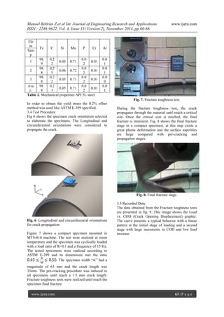 Manuel Beltrán Z et al Int. Journal of Engineering Research and Applications www.ijera.com 
ISSN : 2248-9622, Vol. 4, Issue 11( Version 2), November 2014, pp.60-66 
www.ijera.com 63 | P a g e 
Table 2. Mechanical properties API 5L steel. In order to obtain the yield stress the 0.2% offset method was used like ASTM E-399 specified. 3.4 Test Procedure 
Fig 6 shows the specimen crack orientation selected to elaborate the specimens. The Longitudinal and circumferential orientations were considered to propagate the crack. Fig. 6. Longitudinal and circumferential orientations for crack propagation. Figure 7 shows a compact specimen mounted in MTS-810 machine. The test were realized at room temperature and the specimen was cyclically loaded with a load ratio of R=0.1 and a frequency of 15 Hz. The tested specimens were realized according to ASTM E-399 and its dimensions met the ratio . The specimen width “w” had a magnitude of 65 mm and the crack length was 33mm. The pre-cracking procedure was induced in all specimens until reach a 1.5 mm crack length. Fracture toughness tests were realized until reach the specimen final fracture. 
Fig. 7. Fracture toughness test. During the fracture toughness test, the crack propagates through the material until reach a critical size. Once the critical size is reached, the final fracture is imminent. Fig. 8 shows the final fracture stage in a compact specimen, at this step exists a great plastic deformation and the surface asperities are large compared with pre-cracking and propagation stages. 
Fig. 8. Final fracture stage. 3.5 Recorded Data The data obtained from the Fracture toughness tests are presented in fig. 9. This image shows the Load vs. COD (Crack Opening Displacement) graphic. The curve presents a typical behavior with a linear pattern at the initial stage of loading and a second stage with large increments in COD and low load increase. 
Elem 
Fe 
C 
Si 
Mn 
P 
Cr 
Al 
Samp 
1 
98.9 
0.22 
0.05 
0.71 
0.02 
0.01 
0.01 
2 
98.8 
0.25 
0.06 
0.72 
0.02 
0.01 
0.01 
3 
98.8 
0.22 
0.05 
0.71 
0.02 
0.01 
0.00 
Aver. 
98.8 
0.23 
0.05 
0.71 
0.02 
0.01 
0.01  