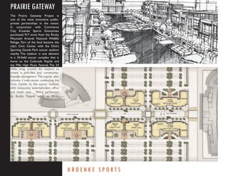 PRAIRIE GATEWAY
The Prairie Gateway Project is
one of the most innovative public-
private partnerships in the nation.
In conjunction with Commerce
City, Kroenke Sports Enterprises
purchased 917 acres from the Rocky
Mountain Arsenal National Wildlife
Refuge. Part of the land became the
city’s Civic Center with the Dick’s
Sporting Goods Park soccer stadium
nearby. The stadium is one element
in a 24-ﬁeld soccer complex that is
home to the Colorado Rapids and
the Mile High Music Festival. The 24
ﬁelds wrap around the stadium to
create a park-like and community-
friendly atmosphere. The master plan
includes a main street connecting the
Civic Center to the soccer stadium
with restaurant, entertainment, ofﬁce
and hotel uses. Work performed
by Buddy Poppitt while at MCG.




                                        KROENKE SPORTS
 
