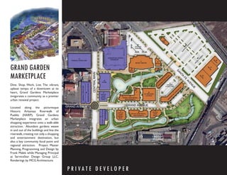GRAND GARDEN
MARKETPLACE
Dine. Shop. Work. Live. The vibrant,
upbeat tempo of a downtown at its
heart, Grand Gardens Marketplace
invigorates a community as a premier
urban renewal project.

Located along the picturesque
Historic Arkansas Riverwalk of
Pueblo (HARP), Grand Gardens
Marketplace integrates an urban
shopping experience onto a walk-able
attraction. Abundant gardens weave
in and out of the buildings and line the
riverwalk, creating not only a shopping
and entertainment destination, but
also a key community focal point and
regional attraction. Project Master
Planning, Programming and Design by
Frank Malek while Managing Principal
at ServiceStar Design Group LLC.
Renderings by MCG Architecture.

                                           P R I VAT E D E V E LO P E R
 