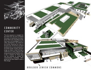COMMUNITY
CENTER
The entry sequence is a metaphor for
the events from the story of Exodus:
forty years of wandering in the desert
led by Moses who eventually provides
food, water and knowledge for the 13
tribes, represented in this scheme by
the thirteen ﬂowering fruit trees on
the entry axis. At the entry courtyard
the library form is more prominent as
the Jewish people consider education
brings one closer to God. This idea is
reinforced as it is also a tall space with
strong vertical thrust.The library form
is also a metaphor for Moses going
into the mountain to retrieve the
commandments- knowledge. Work
performed by Mark Raeburn while at
RNL Design.




                                             BOULDER JEWISH COMMONS
 