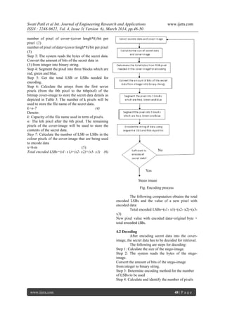 Swati Patil et al Int. Journal of Engineering Research and Applications www.ijera.com
ISSN : 2248-9622, Vol. 4, Issue 3( Version 6), March 2014, pp.46-50
www.ijera.com 48 | P a g e
number of pixel of cover=(cover lengh*8)/bit per
pixel (2)
number of pixel of data=(cover lengh*8)/bit per pixel
(3)
Step 3: The system reads the bytes of the secret data.
Convert the amount of bits of the secret data in
(3) from integer into binary string.
Step 4: Segment the pixel into three blocks which are
red, green and blue.
Step 5: Get the total LSB or LSBs needed for
encoding.
Step 6: Calculate the arrays from the first seven
pixels (from the 0th pixel to the 6thpixel) of the
bitmap cover-image to store the secret data details as
depicted in Table 3. The number of k pixels will be
used to store the file name of the secret data.
k=n-7 (4)
Denote:
k: Capacity of the file name used in term of pixels.
n: The kth pixel after the 6th pixel. The remaining
pixels of the cover-image will be used to store the
contents of the secret data.
Step 7: Calculate the number of LSB or LSBs in the
colour pixels of the cover-image that are being used
to encode data
x=8-m (5)
Total encoded LSBs=(s1- x1)+(s2- x2)+(s3- x3) (6)
Fig. Encoding process
The following computation obtains the total
encoded LSBs and the value of a new pixel with
encoded data:
Total encoded LSBs=(s1- x1)+(s2- x2)+(s3-
x3)
New pixel value with encoded data=original byte +
total encoded LSBs.
4.2 Decoding
After encoding secret data into the cover-
image, the secret data has to be decoded for retrieval.
The following are steps for decoding:
Step 1: Calculate the size of the stego-image.
Step 2: The system reads the bytes of the stego-
image.
Convert the amount of bits of the stego-image
from integer to binary string.
Step 3: Determine encoding method for the number
of LSBs to be used
Step 4: Calculate and identify the number of pixels
Stego image
Yes
No
 