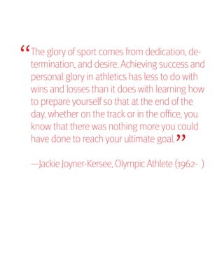 “
The glory of sport comes from dedication, de-
termination, and desire. Achieving success and
personal glory in athletics has less to do with
wins and losses than it does with learning how
to prepare yourself so that at the end of the
                                      “
day, whether on the track or in the office, you
know that there was nothing more you could
have done to reach your ultimate goal.

—Jackie Joyner-Kersee, Olympic Athlete (1962- )
 