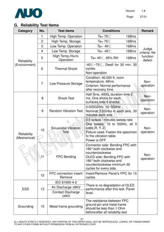 Version 1.8
Page: 27/31
27
ALL RIGHTS STRICTLY RESERVED. ANY PORTION OF THIS PAPER SHALL NOT BE REPRODUCED, COPIED, OR TRANSFORMED
TO ANY OTHER FORMS WITHOUT PERMISSION FROM AU OPTRONICS CORP.
G. Reliability Test Items
Category No. Test items Conditions Remark
1 High Temp. Operation Ta= 70℃ 168hrs
2 High Temp. Storage Ta= 70℃ 168hrs
3 Low Temp. Operation Ta= -40℃ 168hrs
4 Low Temp. Storage Ta= -40℃ 168hrs
5
High Temp./Humi.
Operation
Ta= 40 . 95% RH℃ 168hrs
6 Thermal Shock
-40 ~70 , Dwell for 30 min. 30℃ ℃
cycles.
Non-operation
Judge
criteria: No
function
defectReliability
(Environment)
7 Low Pressure Storage
Condition: 40,000 ft, room
temperature, 48hrs.
Criterion: Normal performance
after recovery time.
Non-
operation
8 Shock Test
Half Sine, 400G, duration time 2
ms, One shock for each
surfaces,total 6 shocks
Non-
operation
9 Random Vibration Test
0.025G2/Hz, 10~500Hz
Nominal 3.5Grms in each axis, 30
minutes each axis
Non-
operation
10
Sinusoidal Vibration
Test
0.5 octave / minutes sweep rate
One sweep, 10 to 500Hz, all 3
axes (X, Y, Z)
Fixture used: Fasten the specimen
to the vibration table
Power is OFF
Non-
operation
11 FPC Bending
Connector side: Bending FPC with
180°both clockwise and
counterclockwise
OLED side: Bending FPC with
180°both clockwise and
counterclockwise minimum 30
cycles for every side.
Non-
operation
Reliability
(Mechanical)
12
FPC connection insert/
Remove
Insert/Remove Panel’s FPC for 15
cycles.
IEC 61000-4-2
Air Discharge ±8KV
ESD 13
Contact Discharge
±4KV
There is no degradation of OLED
performance after this test. Panel
level.
Grounding 15 Metal frame grounding
The resistance between FPC
ground pin and metal frame
should be less than 1 Ohm
before/after all reliability test
 