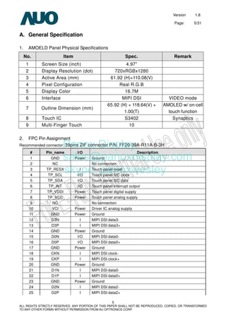 Version 1.8
Page: 5/31
5
ALL RIGHTS STRICTLY RESERVED. ANY PORTION OF THIS PAPER SHALL NOT BE REPRODUCED, COPIED, OR TRANSFORMED
TO ANY OTHER FORMS WITHOUT PERMISSION FROM AU OPTRONICS CORP.
A. General Specification
1. AMOELD Panel Physical Specifications
2. FPC Pin Assignment
Recommended connector: 39pins ZIF connector P/N: FF20-39A-R11A-B-3H
# Pin_name I/O Description
1 GND Power Ground
2 NC No connection
3 TP_RESX I Touch panel reset
4 TP_SCL I/O Touch panel I2C clock
5 TP_SDA I/O Touch panel I2C data
6 TP_INT I/O Touch panel interrupt output
7 TP_VDDI Power Touch panel digital supply
8 TP_VCC Power Touch panel analog supply
9 NC No connection
10 VCI Power Driver IC analog supply
11 GND Power Ground
12 D3N I MIPI DSI data3-
13 D3P I MIPI DSI data3+
14 GND Power Ground
15 D0N I/O MIPI DSI data0-
16 D0P I/O MIPI DSI data0+
17 GND Power Ground
18 CKN I MIPI DSI clock-
19 CKP I MIPI DSI clock+
20 GND Power Ground
21 D1N I MIPI DSI data0-
22 D1P I MIPI DSI data0+
23 GND Power Ground
24 D2N I MIPI DSI data2-
25 D2P I MIPI DSI data2+
No. Item Spec. Remark
1 Screen Size (inch) 4.97”
2 Display Resolution (dot) 720xRGBx1280
3 Active Area (mm) 61.92 (H)×110.08(V)
4 Pixel Configuration Real R.G.B
5 Display Color 16.7M
6 Interface MIPI DSI VIDEO mode
7 Outline Dimension (mm)
65.92 (H) × 118.64(V) ×
1.00(T)
AMOLED w/ on-cell
touch function
8 Touch IC S3402 Synaptics
9 Multi-Finger Touch 10
Panox Display
sales@panoxdisplay.com
skype: panoxwesley
 