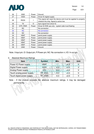 Version 1.8
Page: 6/31
6
ALL RIGHTS STRICTLY RESERVED. ANY PORTION OF THIS PAPER SHALL NOT BE REPRODUCED, COPIED, OR TRANSFORMED
TO ANY OTHER FORMS WITHOUT PERMISSION FROM AU OPTRONICS CORP.
26 GND Power Ground
27 VDDI Power Driver IC digital supply
28 RESX I
This signal will reset the device and must be applied to properly
initialize the chip. Signal is active low.
29 TE O Sync signal from driver IC
30 OTP_PWR Power Driver IC R/W use only，system side must floating
31 NC No connection
32 NC No connection
33 NC No connection
34 VBAT Power panel power supply
35 VBAT Power panel power supply
36 VBAT Power panel power supply
37 VBAT Power panel power supply
38 VBAT Power panel power supply
39 GND Power Ground
Note. I:Input pin; O: Output pin; P:Power pin; NC: No connection n; I/O: In-out pin
3. Absolute Maximum Ratings
Item Symbol Min. Max. Unit
Power IC Power supply VBAT - +4.5 V
Digital Power supply VDDI -0.3 +2.0 V
Analog Power supply VCI -0.3 +4.0 V
Touch analog power supply TP_VCC -0.3 +4.0 V
Touch digital power supply TP_VDDI -0.3 +2.0 V
Note : If the module exceeds the absolute maximum ratings, it may be damaged
permanently.
Panox Display
sales@panoxdisplay.com
skype: panoxwesley
 