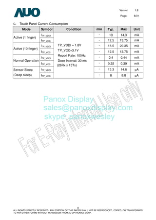 Version 1.8
Page: 8/31
8
ALL RIGHTS STRICTLY RESERVED. ANY PORTION OF THIS PAPER SHALL NOT BE REPRODUCED, COPIED, OR TRANSFORMED
TO ANY OTHER FORMS WITHOUT PERMISSION FROM AU OPTRONICS CORP.
C. Touch Panel Current Consumption
Mode Symbol Condition min Typ. Max Unit
ITP_VDDI - 13 14.3 mA
Active (1 finger)
ITP_VCC - 12.5 13.75 mA
ITP_VDDI - 18.5 20.35 mA
Active (10 finger)
ITP_VCC - 12.5 13.75 mA
ITP_VDDI - 0.4 0.44 mA
Normal Operation
ITP_VCC - 0.35 0.39 mA
ITP_VDDI - 13.3 14.6 µASensor Sleep
(Deep sleep) ITP_VCC
TP_VDDI = 1.8V
TP_VCC=3.1V
Report Rate: 100Hz
Doze Interval: 30 ms
(26Rx x 15Tx)
- 8 8.8 µA
Panox Display
sales@panoxdisplay.com
skype: panoxwesley
 