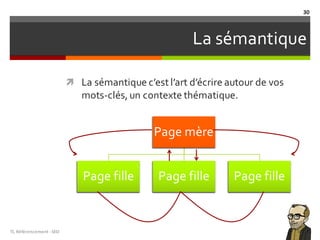 La sémantique
ì La sémantique c’est l’art d’écrire autour de vos
mots-clés, un contexte thématique.
TL	Référencement	-SEO
30
Page mère
Page fille Page fille Page fille
 