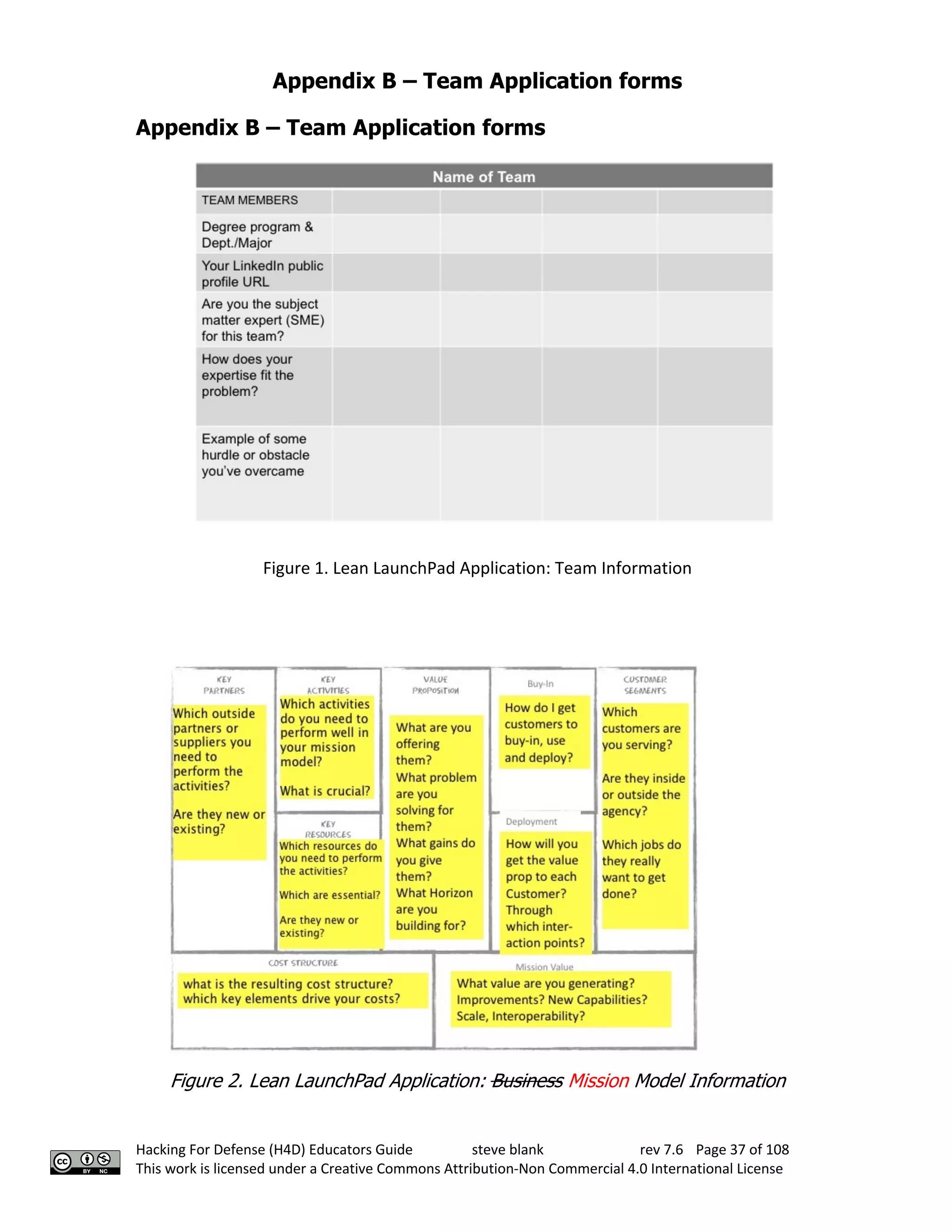 Appendix B – Team Application forms
Hacking For Defense (H4D) Educators Guide steve blank rev 7.6 Page 37 of 108
This work is licensed under a Creative Commons Attribution-Non Commercial 4.0 International License
Appendix B – Team Application forms
Figure 1. Lean LaunchPad Application: Team Information
Figure 2. Lean LaunchPad Application: Business Mission Model Information
 