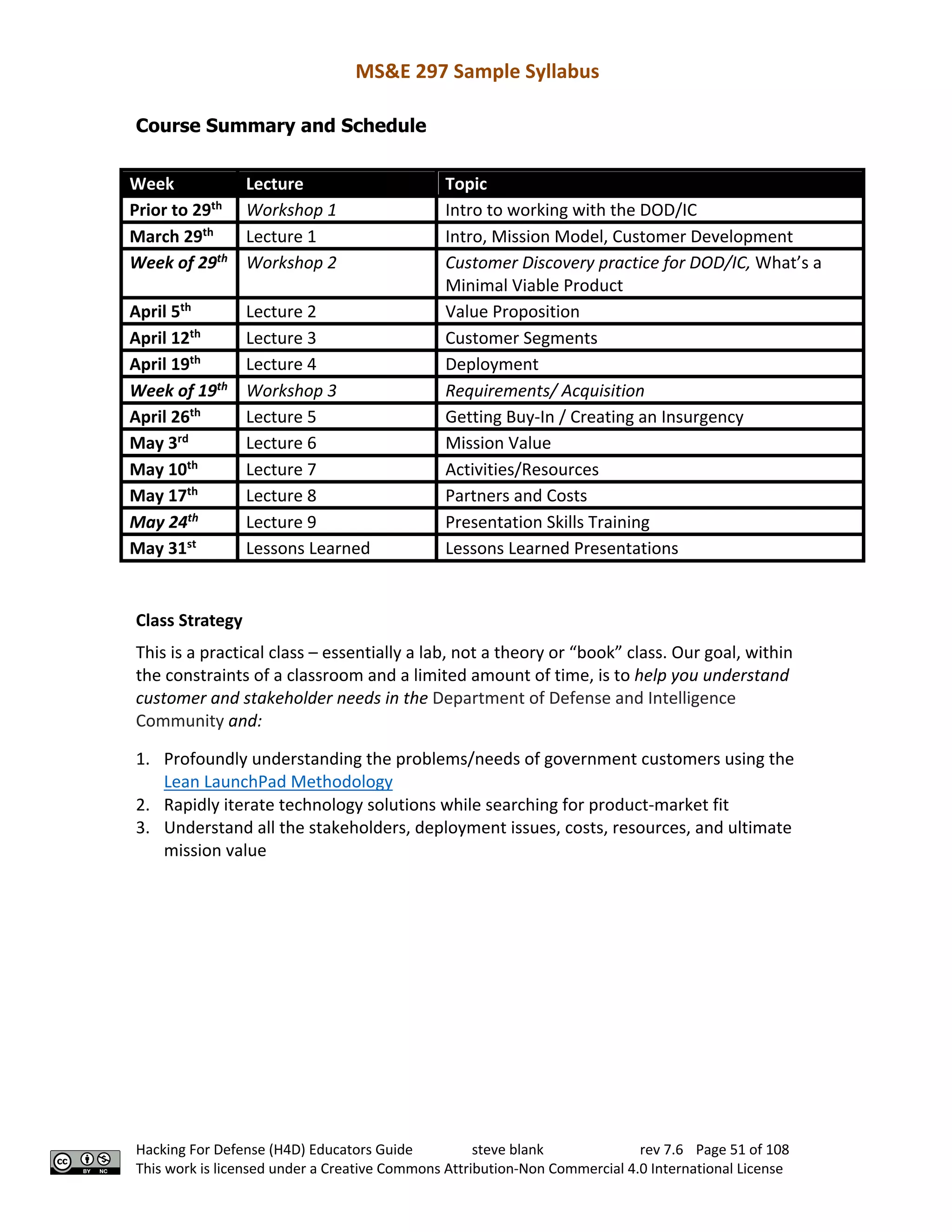 MS&E 297 Sample Syllabus
Hacking For Defense (H4D) Educators Guide steve blank rev 7.6 Page 51 of 108
This work is licensed under a Creative Commons Attribution-Non Commercial 4.0 International License
Course Summary and Schedule
Week Lecture Topic
Prior to 29th
Workshop 1 Intro to working with the DOD/IC
March 29th
Lecture 1 Intro, Mission Model, Customer Development
Week of 29th
Workshop 2 Customer Discovery practice for DOD/IC, What’s a
Minimal Viable Product
April 5th
Lecture 2 Value Proposition
April 12th
Lecture 3 Customer Segments
April 19th
Lecture 4 Deployment
Week of 19th
Workshop 3 Requirements/ Acquisition
April 26th
Lecture 5 Getting Buy-In / Creating an Insurgency
May 3rd
Lecture 6 Mission Value
May 10th
Lecture 7 Activities/Resources
May 17th
Lecture 8 Partners and Costs
May 24th
Lecture 9 Presentation Skills Training
May 31st
Lessons Learned Lessons Learned Presentations
Class Strategy
This is a practical class – essentially a lab, not a theory or “book” class. Our goal, within
the constraints of a classroom and a limited amount of time, is to help you understand
customer and stakeholder needs in the Department of Defense and Intelligence
Community and:
1. Profoundly understanding the problems/needs of government customers using the
Lean LaunchPad Methodology
2. Rapidly iterate technology solutions while searching for product-market fit
3. Understand all the stakeholders, deployment issues, costs, resources, and ultimate
mission value
 