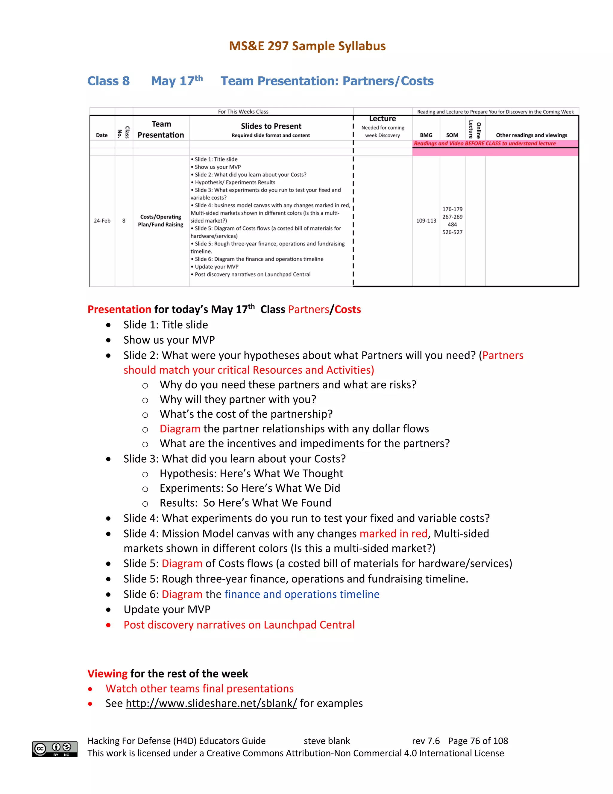 MS&E 297 Sample Syllabus
Hacking For Defense (H4D) Educators Guide steve blank rev 7.6 Page 76 of 108
This work is licensed under a Creative Commons Attribution-Non Commercial 4.0 International License
Class 8 May 17th
Team Presentation: Partners/Costs
Presentation for today’s May 17th
Class Partners/Costs
• Slide 1: Title slide
• Show us your MVP
• Slide 2: What were your hypotheses about what Partners will you need? (Partners
should match your critical Resources and Activities)
o Why do you need these partners and what are risks?
o Why will they partner with you?
o What’s the cost of the partnership?
o Diagram the partner relationships with any dollar flows
o What are the incentives and impediments for the partners?
• Slide 3: What did you learn about your Costs?
o Hypothesis: Here’s What We Thought
o Experiments: So Here’s What We Did
o Results: So Here’s What We Found
• Slide 4: What experiments do you run to test your fixed and variable costs?
• Slide 4: Mission Model canvas with any changes marked in red, Multi-sided
markets shown in different colors (Is this a multi-sided market?)
• Slide 5: Diagram of Costs flows (a costed bill of materials for hardware/services)
• Slide 5: Rough three-year finance, operations and fundraising timeline.
• Slide 6: Diagram the finance and operations timeline
• Update your MVP
• Post discovery narratives on Launchpad Central
Viewing for the rest of the week
• Watch other teams final presentations
• See http://www.slideshare.net/sblank/ for examples
 