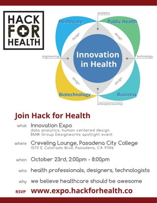 Innovation
in Health
entrepreneurship
engineering technology
design
design
design
design
analytics
we believe healthcare should be awesome
Innovation Expo
data analytics, human centered design
BMW Group Designworks spotlight event
Creveling Lounge, Pasadena City College
1570 E Colorado Blvd, Pasadena, CA 91106
October 23rd, 2:00pm - 8:00pm
health professionals, designers, technologists
Join Hack for Health
www.expo.hackforhealth.coRSVP
where
what
when
who
why
 