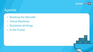 Agenda
• Breaking the Monolith
• Virtual Machines
• Dockerize all things
• In the Future
 