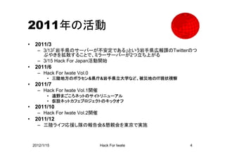 2011年の活動
•    2011/3
      – 3/13「岩手県のサーバーが不安定である」という岩手県広報課のTwitterのつ
        ぶやきを拡散することで、ミラーサーバーが2つ立ち上がる
      – 3/15 Hack For Japan活動開始
•    2011/6
      – Hack For Iwate Vol.0
           • 三陸地方のボラセン&県庁&岩手県立大学など、被災地のIT現状視察
•    2011/7
      – Hack For Iwate Vol.1開催
           • 遠野まごころネットのサイトリニューアル
           • 仮設ネットカフェプロジェクトのキックオフ
•    2011/10
      – Hack For Iwate Vol.2開催
•    2011/12
      – 三陸ライフ応援し隊の報告会&懇親会を東京で実施



    2012/1/15                    Hack For Iwate   4
 
