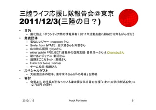 三陸ライフ応援し隊報告会＠東京
2011/12/3(三陸の日？)
•    目的
      – 風化防止 / ボランティア間の情報共有 / 2011年活動お疲れ様&2012年もがんばろう
•    発表団体
      –   気仙レンジャー ：napocon さん
      –   Smile. from IWATE ：岩大路さん& 阿部さん
      –   山田町応援団 ：yoyoさん
      –   okirai goblin PROJECT 越喜来の復興支援：香月浩一さん & Okanobuさん
      –   助けあいジャパン :新沼さん
      –   遠野まごころネット ：高橋さん
      –   Hack For Iwate ：kohsei
      –   チーム松田：松田さん
•    スペシャルゲスト
      – 大船渡出身の歌手、濱守栄子さんが「45号線」 を熱唱
•    寄付
      – 会費より、岩手県が行なっている津波震災孤児等の支援「いわての学び希望基金」に
        12,753円 の寄付




    2012/1/15                 Hack For Iwate                  5
 