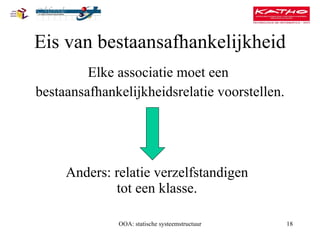 Eis van bestaansafhankelijkheid Elke associatie moet een  bestaansafhankelijkheidsrelatie voorstellen. OOA: statische systeemstructuur Anders: relatie verzelfstandigen  tot een klasse.  