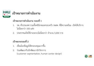 เป้าหมายการดําเนินงาน
เป้าหมายการดําเนินงาน ระยะที่ 1
1. รพ. ทั่วประเทศ รวมทั้งคลินิกหมอครอบครัว รพสต. ที่มีความพร้อม เปิดให้บริการ
ไม่น้อยกว่า 100 แห่ง
2. ประชาชนเปิดใช้งานระบบไม่น้อยกว่า จํานวน 5,000 ราย
เป้าหมายระยะที่ 2
1. เชื่อมโยงข้อมูลให้ครอบคลุมมากขึ้น
2. ร่วมพัฒนากับนักพัฒนา/นักวิชาการ
(customer segmentation, human center design)
 