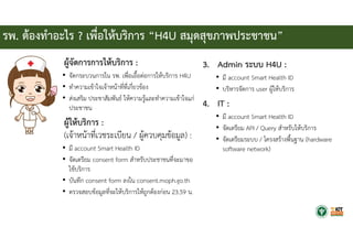 รพ. ต้องทําอะไร ? เพื่อให้บริการ “H4U สมุดสุขภาพประชาชน”
1. ผู้จัดการการให้บริการ :
• จัดกระบวนการใน รพ. เพื่อเอื้อต่อการให้บริการ H4U
• ทําความเข้าใจเจ้าหน้าที่ที่เกี่ยวข้อง
• ส่งเสริม ประชาสัมพันธ์ ให้ความรู้และทําความเข้าใจแก่
ประชาชน
2. ผู้ให้บริการ :
(เจ้าหน้าที่เวชระเบียน / ผู้ควบคุมข้อมูล) :
• มี account Smart Health ID
• จัดเตรียม consent form สําหรับประชาชนที่จะมาขอ
ใช้บริการ
• บันทึก consent form ลงใน consent.moph.go.th
• ตรวจสอบข้อมูลที่จะให้บริการให้ถูกต้องก่อน 23.59 น.
3. Admin ระบบ H4U :
• มี account Smart Health ID
• บริหารจัดการ user ผู้ให้บริการ
4. IT :
• มี account Smart Health ID
• จัดเตรียม API / Query สําหรับให้บริการ
• จัดเตรียมระบบ / โครงสร้างพื้นฐาน (hardware
software network)
 