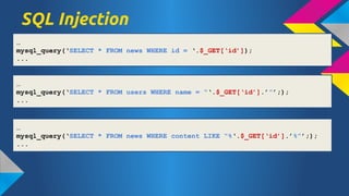 SQL Injection

mysql_query(SELECT * FROM news WHERE id = .$_GET[id]);
...


mysql_query(SELECT * FROM users WHERE name = .$_GET[id].;);
...


mysql_query(SELECT * FROM news WHERE content LIKE %.$_GET[id].%;);
...

 