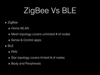 ZigBee Vs BLE
ZigBee
Home WLAN
Mesh topology covers unlimited # of nodes
Sense & Control apps
BLE
PAN
Star topology covers limited # of nodes
Body and Peripherals
 