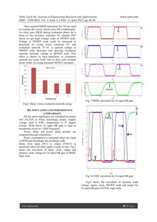Neha Vaish Int. Journal of Engineering Research and Applications www.ijera.com
ISSN : 2248-9622, Vol. 5, Issue 4, ( Part -1) April 2015, pp.36-39
www.ijera.com 38 | P a g e
Here stacked NMOS transistors N2, N3 are used
to evaluate the circuit which turns ON conditionally.
As clock goes HIGH during evaluation phase for a
delay of two inverters, transistor N1 remains OFF
hence we get high voltage value at NFOOT node.
Voltage at NFOOT node could be increased or
decreased by sizing footer transistor N1 and
evaluation network. If N1 is upsized voltage at
NFOOT node decreases and upsizing evaluation
network increases voltage at NFOOT node. This
effect is shown in fig.6.,transistors in evaluation
network are swept from 1um to 4um with constant
footer width. As sizing increases NFOOT increases.
Fig.6. Delay versus evaluation network sizing
III. SIMULATION AND PERFORMANCE
COMPARISION
All the above topologies are simulated on tanner
tool (TCAD) at 65nm technology model. Supply
voltage used is 0.8V, temperature is 27 degree
Celsius. Wide fan-in 16 input OR gate is used as
benchmark circuit at 1 GHZ frequency.
Power, delay and power delay product are
computed through simulations.
Power consumption is measured when one input
is HIGH and discharges the precharge node.
Delay from input (IN1) to output (VOUT) is
measured where all other inputs remain at zero. Fig.7
shows the waveform of input, clock, output and
dynamic node voltage for 16 input OR gate of HSDL
logic style.
Fig. 7 HSDL waveform for 16 input OR gate
Fig. 8 CEDL waveform for 16 input OR gate
Fig.8 shows the waveform of dynamic node
voltage, inputs, clock, NFOOT node and output for
16 input OR gate of CEDL logic style.
 