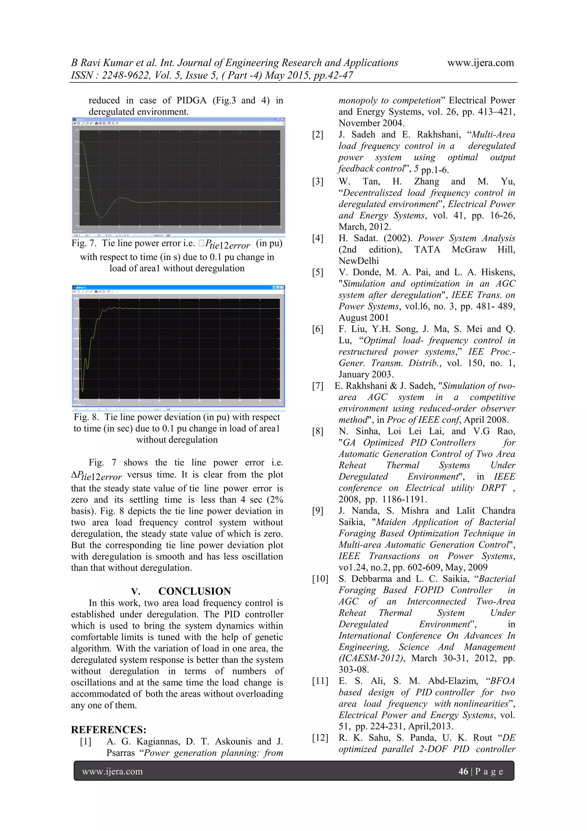 B Ravi Kumar et al. Int. Journal of Engineering Research and Applications www.ijera.com ISSN : 2248-9622, Vol. 5, Issue 5, ( Part -4) May 2015, pp.42-47 www.ijera.com 46 | P a g e reduced in case of PIDGA (Fig.3 and 4) in deregulated environment. Fig. 7. Tie line power error i.e. Ptie12error (in pu) with respect to time (in s) due to 0.1 pu change in load of area1 without deregulation Fig. 8. Tie line power deviation (in pu) with respect to time (in sec) due to 0.1 pu change in load of area1 without deregulation Fig. 7 shows the tie line power error i.e. Ptie12error versus time. It is clear from the plot that the steady state value of tie line power error is zero and its settling time is less than 4 sec (2% basis). Fig. 8 depicts the tie line power deviation in two area load frequency control system without deregulation, the steady state value of which is zero. But the corresponding tie line power deviation plot with deregulation is smooth and has less oscillation than that without deregulation. V. CONCLUSION In this work, two area load frequency control is established under deregulation. The PID controller which is used to bring the system dynamics within comfortable limits is tuned with the help of genetic algorithm. With the variation of load in one area, the deregulated system response is better than the system without deregulation in terms of numbers of oscillations and at the same time the load change is accommodated of both the areas without overloading any one of them. REFERENCES: [1] A. G. Kagiannas, D. T. Askounis and J. Psarras “Power generation planning: from monopoly to competetion” Electrical Power and Energy Systems, vol. 26, pp. 413–421, November 2004. [2] J. Sadeh and E. Rakhshani, “Multi-Area load frequency control in a deregulated power system using optimal output feedback control”, 5 pp.1-6. [3] W. Tan, H. Zhang and M. Yu, “Decentraliszed load frequency control in deregulated environment”, Electrical Power and Energy Systems, vol. 41, pp. 16-26, March, 2012. [4] H. Sadat. (2002). Power System Analysis (2nd edition), TATA McGraw Hill, NewDelhi [5] V. Donde, M. A. Pai, and L. A. Hiskens, "Simulation and optimization in an AGC system after deregulation", IEEE Trans. on Power Systems, vol.l6, no. 3, pp. 481- 489, August 2001 [6] F. Liu, Y.H. Song, J. Ma, S. Mei and Q. Lu, “Optimal load- frequency control in restructured power systems,” IEE Proc.- Gener. Transm. Distrib., vol. 150, no. 1, January 2003. [7] E. Rakhshani & J. Sadeh, "Simulation of two- area AGC system in a competitive environment using reduced-order observer method", in Proc of IEEE conf, April 2008. [8] N. Sinha, Loi Lei Lai, and V.G Rao, "GA Optimized PID Controllers for Automatic Generation Control of Two Area Reheat Thermal Systems Under Deregulated Environment", in IEEE conference on Electrical utility DRPT , 2008, pp. 1186-1191. [9] J. Nanda, S. Mishra and Lalit Chandra Saikia, "Maiden Application of Bacterial Foraging Based Optimization Technique in Multi-area Automatic Generation Control", IEEE Transactions on Power Systems, vo1.24, no.2, pp. 602-609, May, 2009 [10] S. Debbarma and L. C. Saikia, “Bacterial Foraging Based FOPID Controller in AGC of an Interconnected Two-Area Reheat Thermal System Under Deregulated Environment”, in International Conference On Advances In Engineering, Science And Management (ICAESM-2012), March 30-31, 2012, pp. 303-08. [11] E. S. Ali, S. M. Abd-Elazim, “BFOA based design of PID controller for two area load frequency with nonlinearities”, Electrical Power and Energy Systems, vol. 51, pp. 224-231, April,2013. [12] R. K. Sahu, S. Panda, U. K. Rout “DE optimized parallel 2-DOF PID controller 
