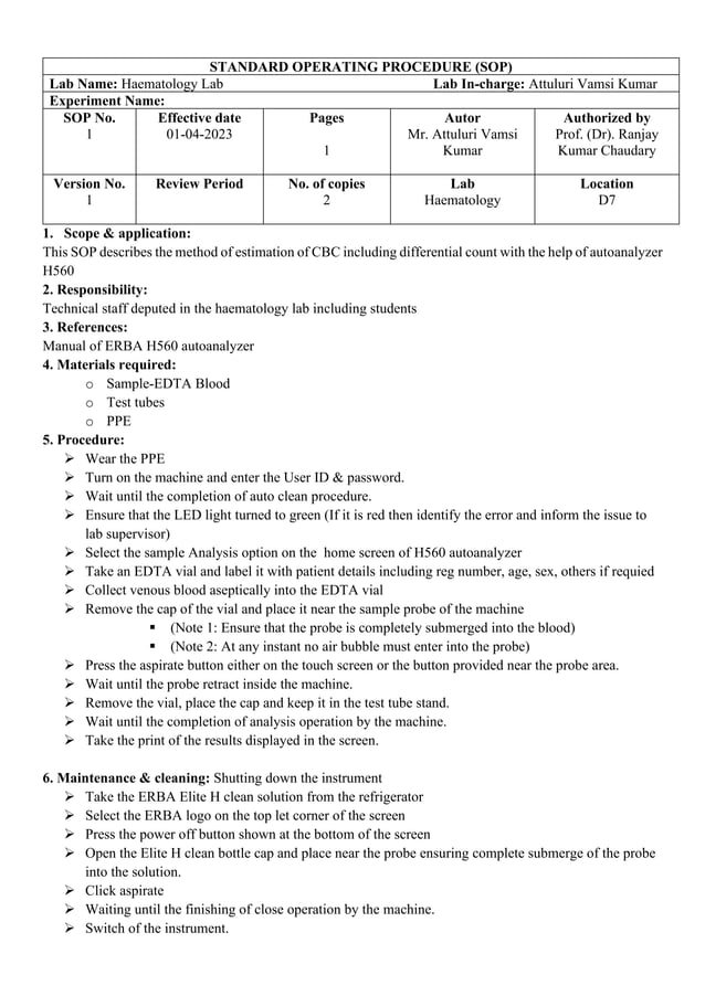 Standard Operating Procedure for CBC Estimation with Autoanalyzer H560