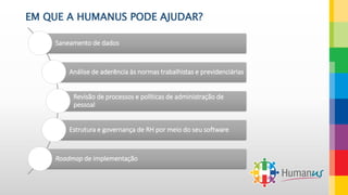 EM QUE A HUMANUS PODE AJUDAR?
Saneamento de dados
Análise de aderência às normas trabalhistas e previdenciárias
Revisão de processos e políticas de administração de
pessoal
Estrutura e governança de RH por meio do seu software
Roadmap de implementação
 