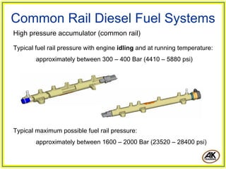 Common Rail Diesel Fuel Systems
High pressure accumulator (common rail)
Typical fuel rail pressure with engine idling and at running temperature:
approximately between 300 – 400 Bar (4410 – 5880 psi)
Typical maximum possible fuel rail pressure:
approximately between 1600 – 2000 Bar (23520 – 28400 psi)
 