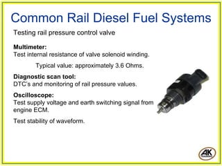 Common Rail Diesel Fuel Systems
Testing rail pressure control valve
Multimeter:
Test internal resistance of valve solenoid winding.
Typical value: approximately 3.6 Ohms.
Diagnostic scan tool:
DTC’s and monitoring of rail pressure values.
Oscilloscope:
Test supply voltage and earth switching signal from
engine ECM.
Test stability of waveform.
 