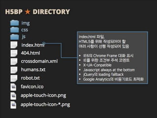 H5BP ★ DIRECTORY
css
js
img
index.html
404.html
crossdomain.xml
humans.txt
robot.txt
favicon.ico
apple-touch-icon.png
apple-touch-icon-*.png
Index.html 파일,
HTML5를 위해 작성되어야 할
여러 사항이 선행 작성되어 있음
• IE6의 Chrome Frame 대화 표시
• IE를 위한 조건부 주석 코멘트
• X-UA-Conpatible
• Javascript always at the bottom
• jQuery의 loading fallback
• Google Analytics의 비동기로드
최적화
 