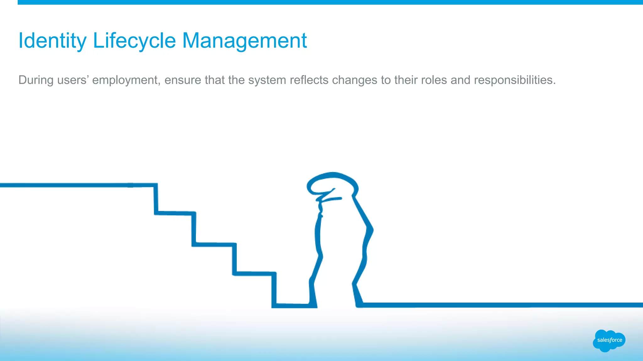 Identity Lifecycle Management
During users’ employment, ensure that the system reflects changes to their roles and responsibilities.
 