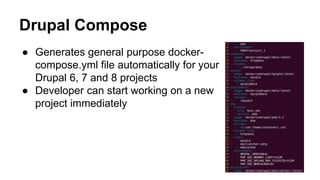 Drupal Compose
● Generates general purpose docker-
compose.yml file automatically for your
Drupal 6, 7 and 8 projects
● Developer can start working on a new
project immediately
 