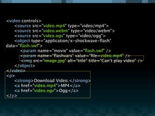 <video controls>
    <source src="video.mp4" type="video/mp4">
    <source src="video.webm" type="video/webm">
    <source src="video.ogv" type="video/ogg">
    <object type="application/x-shockwave-ﬂash"
data="ﬂash.swf">

 
 <param name="movie" value="ﬂash.swf" />

 
 <param name="ﬂashvars" value="ﬁle=video.mp4" />
       <img src="image.jpg" alt="title" title="Can’t play video" />
    </object>
</video>
<p>
    <strong>Download Video:</strong>
    <a href="video.mp4">MP4</a>
    <a href="video.ogv">Ogg</a>
</p>
 