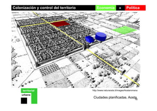 Colonización y control del territorio PolíticaEconomía +
http://www.naturaosta.it/images/Aostaromanaterritorial
16
urbana
Ciudades planificadas. Aosta
 