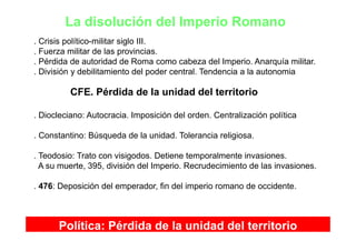 La disolución del Imperio Romano
Crisis político militar siglo III. Crisis político-militar siglo III.
. Fuerza militar de las provincias.
. Pérdida de autoridad de Roma como cabeza del Imperio. Anarquía militar.
Di i ió d bili i d l d l T d i l i. División y debilitamiento del poder central. Tendencia a la autonomia
CFE. Pérdida de la unidad del territorio
. Diocleciano: Autocracia. Imposición del orden. Centralización política
. Constantino: Búsqueda de la unidad. Tolerancia religiosa.
T d i T t i i d D ti t l t i i. Teodosio: Trato con visigodos. Detiene temporalmente invasiones.
A su muerte, 395, división del Imperio. Recrudecimiento de las invasiones.
. 476: Deposición del emperador, fin del imperio romano de occidente.
29
Política: Pérdida de la unidad del territorio
 