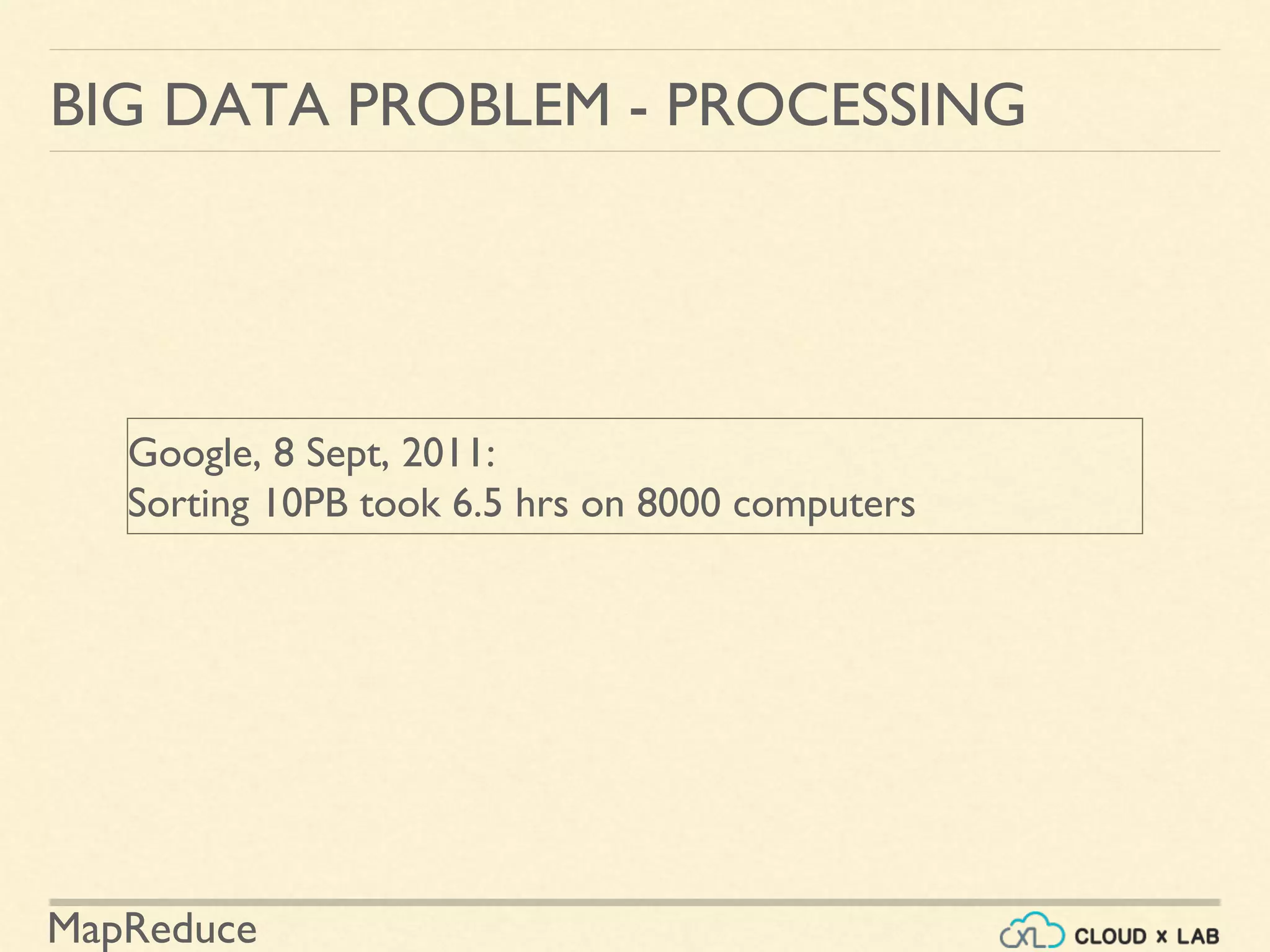 MapReduce
BIG DATA PROBLEM - PROCESSING
Google, 8 Sept, 2011:
Sorting 10PB took 6.5 hrs on 8000 computers
 