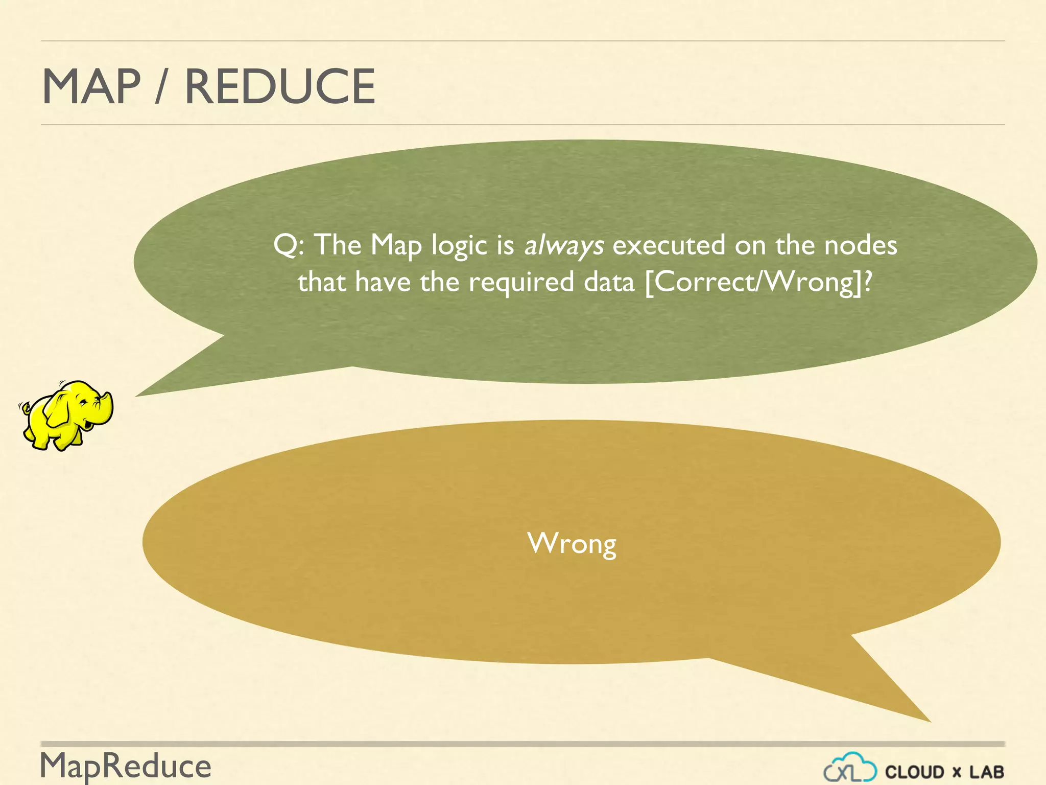 MapReduce
MAP / REDUCE
Wrong
Q: The Map logic is always executed on the nodes
that have the required data [Correct/Wrong]?
 