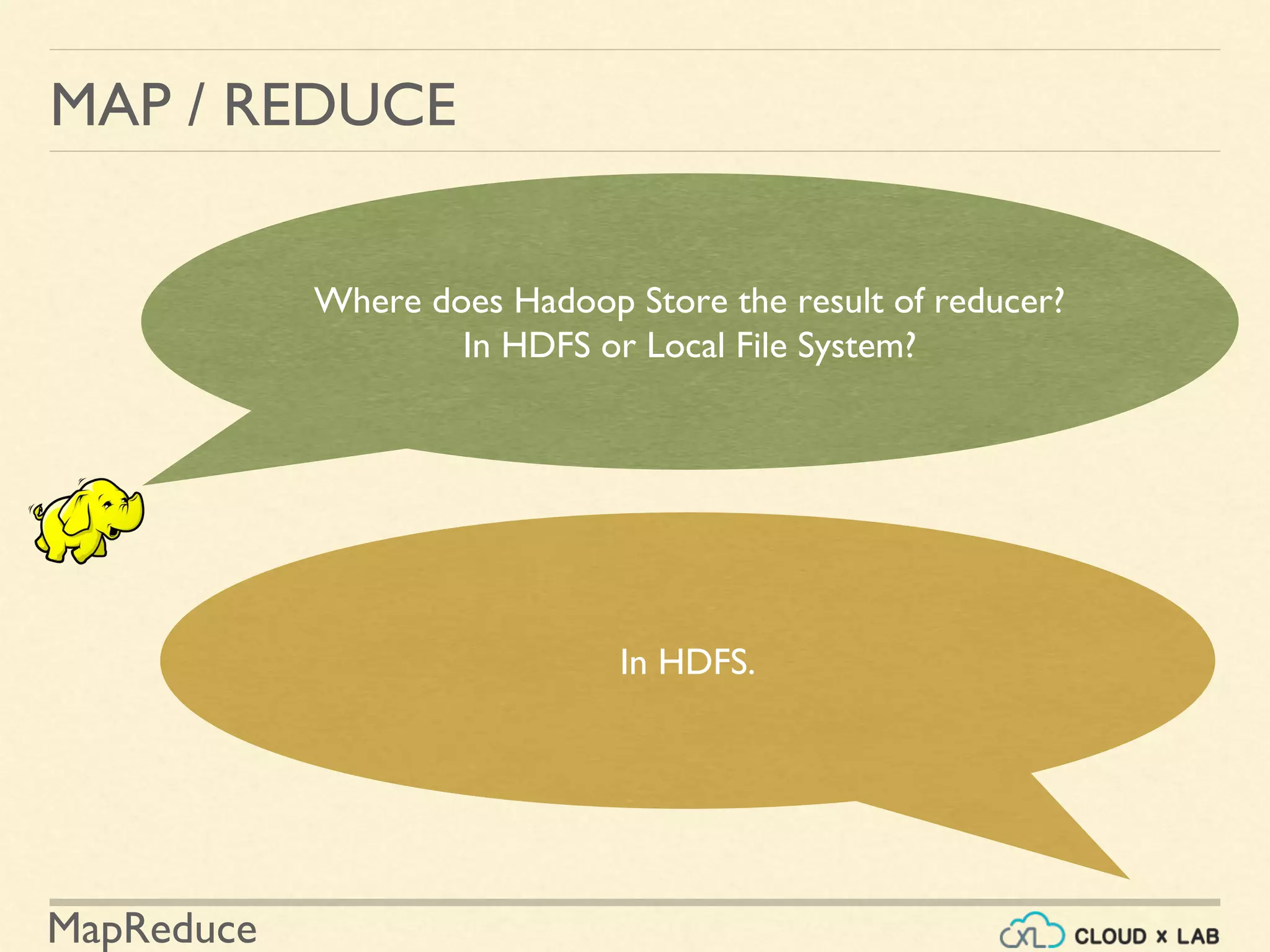 MapReduce
MAP / REDUCE
In HDFS.
Where does Hadoop Store the result of reducer?
In HDFS or Local File System?
 