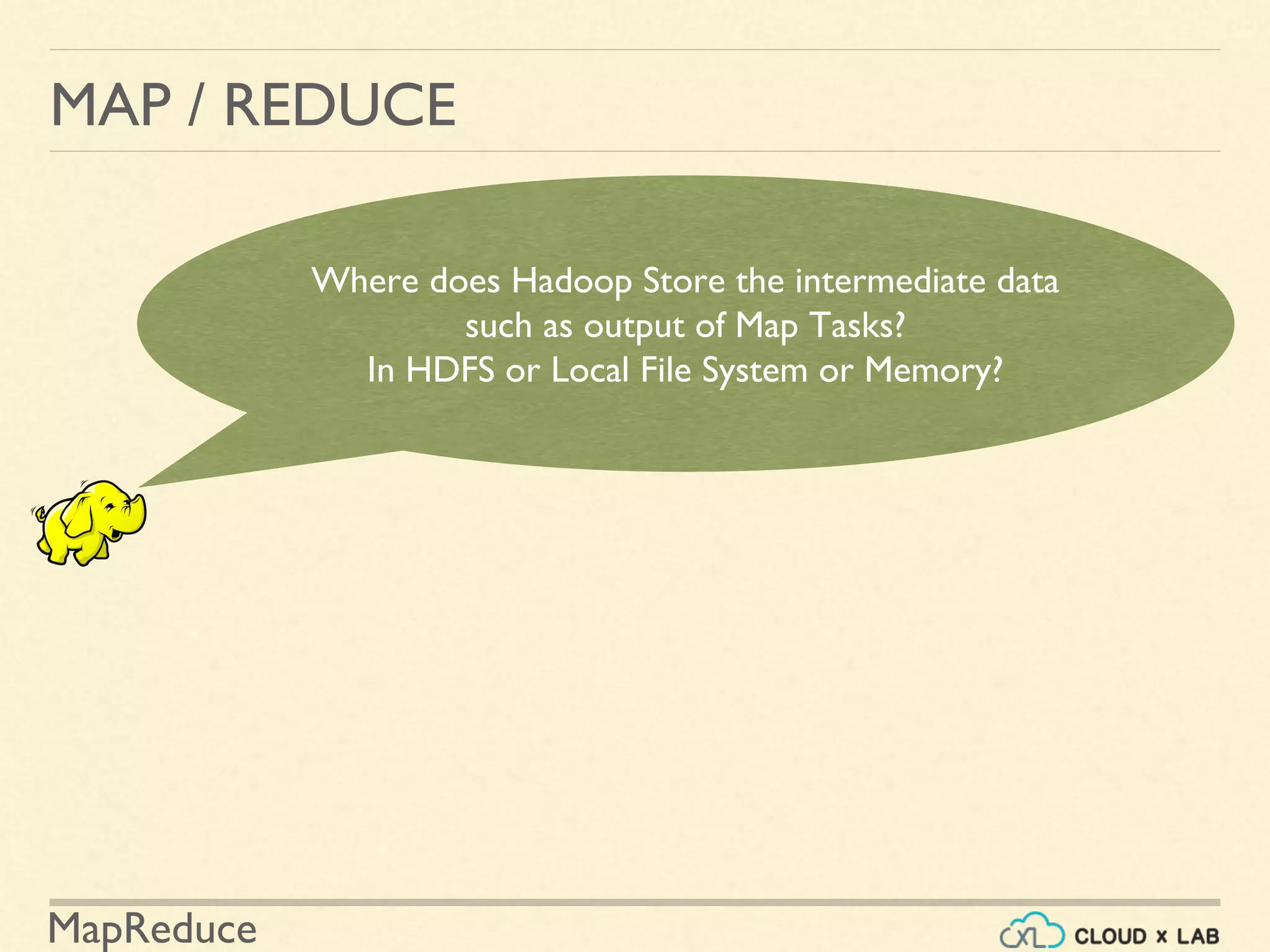 MapReduce
MAP / REDUCE
Where does Hadoop Store the intermediate data
such as output of Map Tasks?
In HDFS or Local File System or Memory?
 