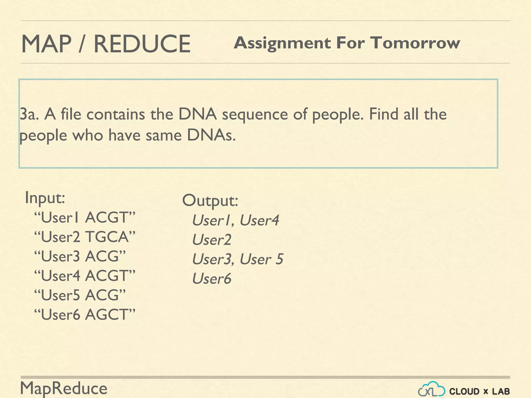 MapReduce
MAP / REDUCE
3a. A file contains the DNA sequence of people. Find all the
people who have same DNAs.
Output:
User1, User4
User2
User3, User 5
User6
Input:
“User1 ACGT”
“User2 TGCA”
“User3 ACG”
“User4 ACGT”
“User5 ACG”
“User6 AGCT”
Assignment For Tomorrow
 